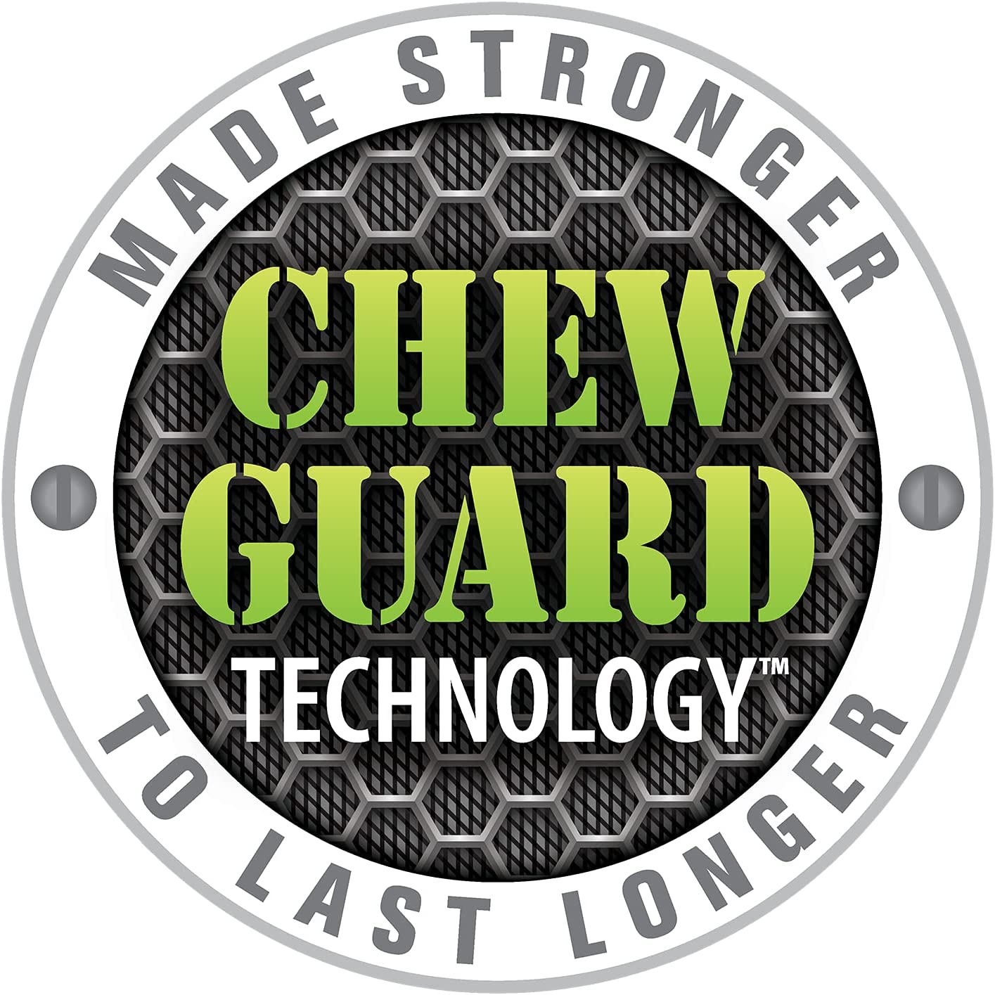 A Circle Graphic/Badge Image that displays in Large Green letters, "CHEW GUARD TECHNOLOGY" around the edge of the circle is written in a slate gray bold letters "MADE STRONGER TO LAST LONGER"