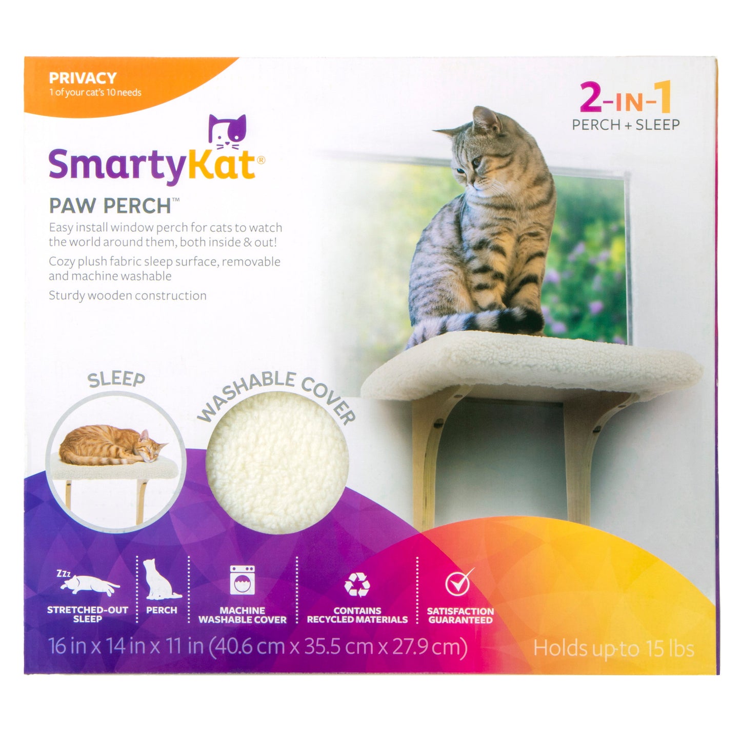 SmartyKat - Paw Perch Wooden Window Cat Perch with Padded Cream Sherpa Cover