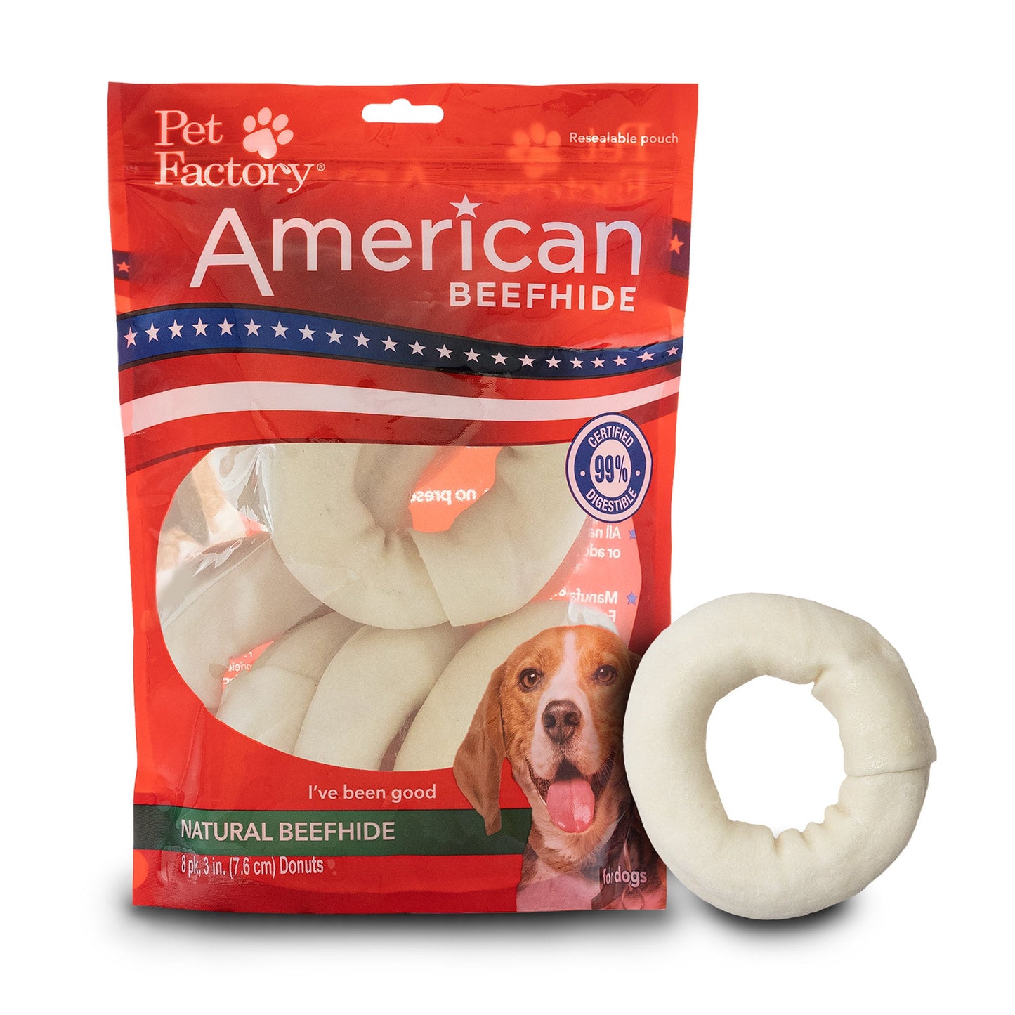 Pet Factory American Beefhide Donuts Natural Flavor - 3-4", 8 Count