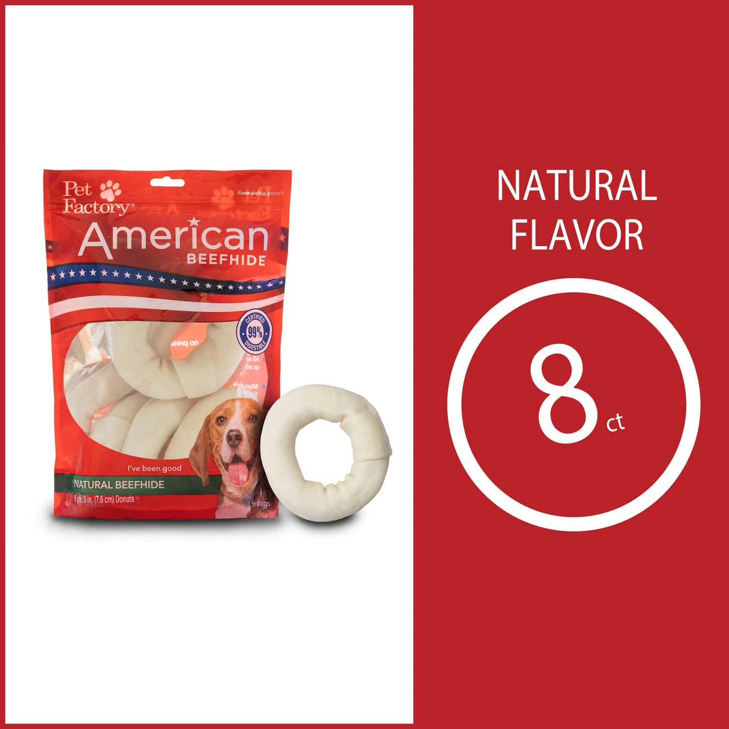 Pet Factory American Beefhide Donuts Natural Flavor - 3-4", 8 Count