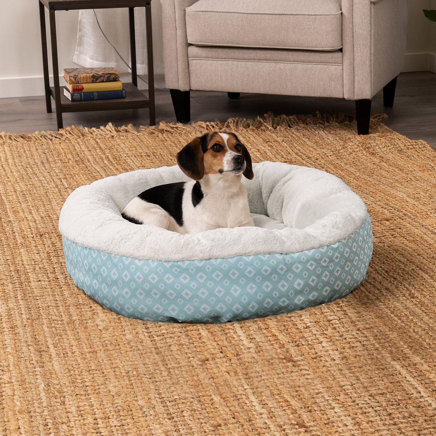 Plush & Diamond Print Calming Donut Dog Bed