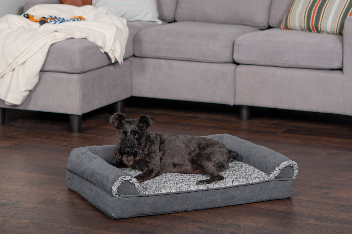 Sofa Dog Bed - Two-Tone Faux Fur & Suede