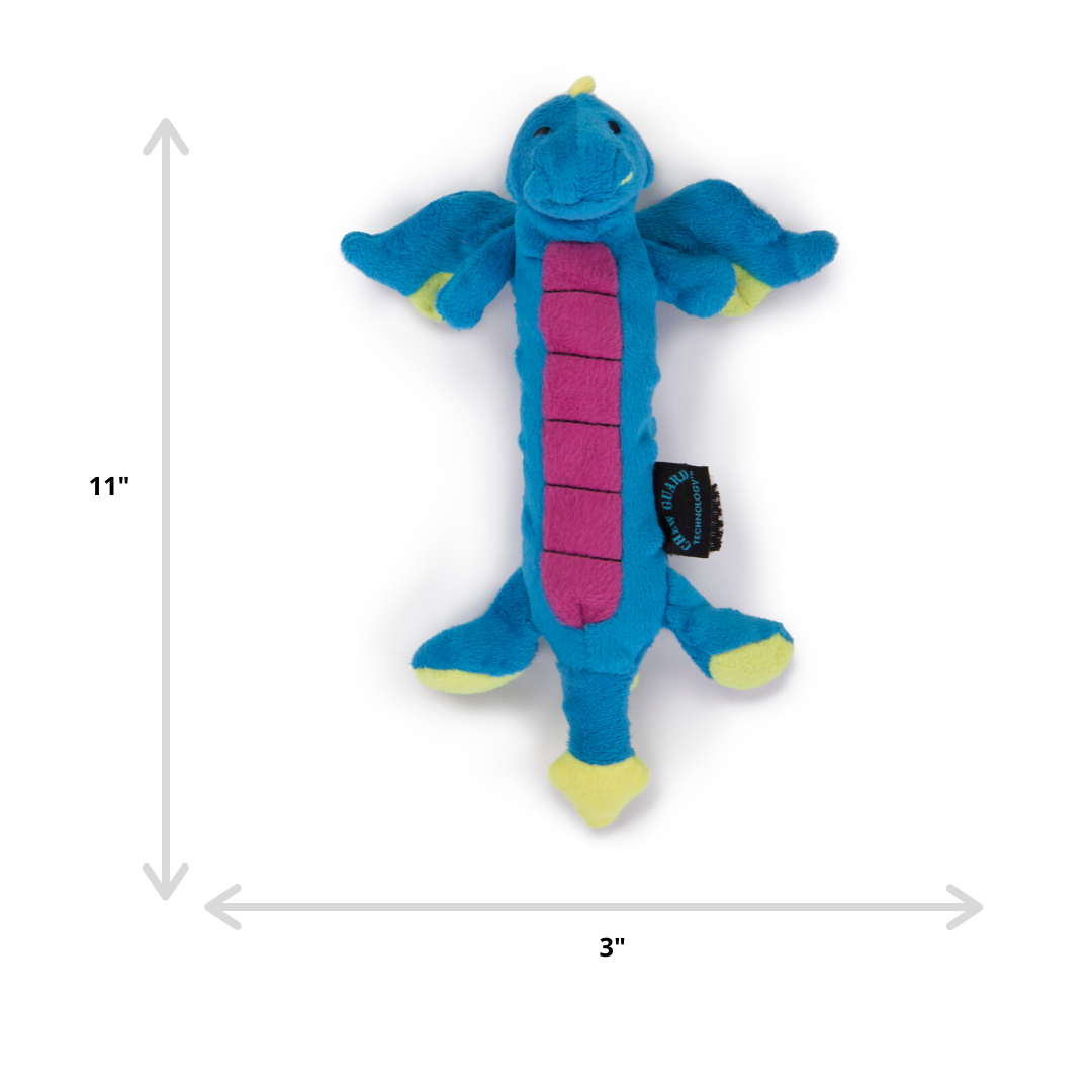 Dimensions of the goDog Skinny Dragons Blue Small is 11" long by 3" wide.