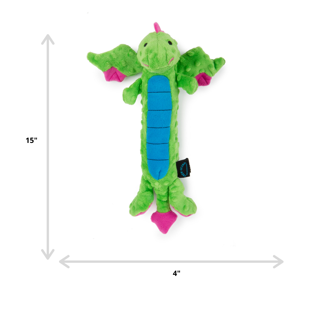 The godog skinny dragons dimensions are indicated by arrows accompanied by text. the Green Large option is 15" long by 4" wide.