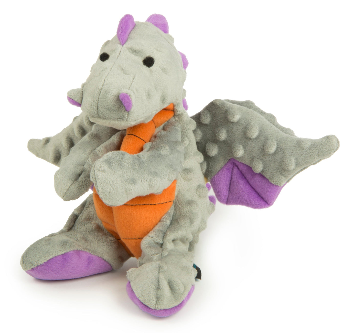 large gray dragon plush dog toy with soft "bubble" plush dotted throughout the toy.