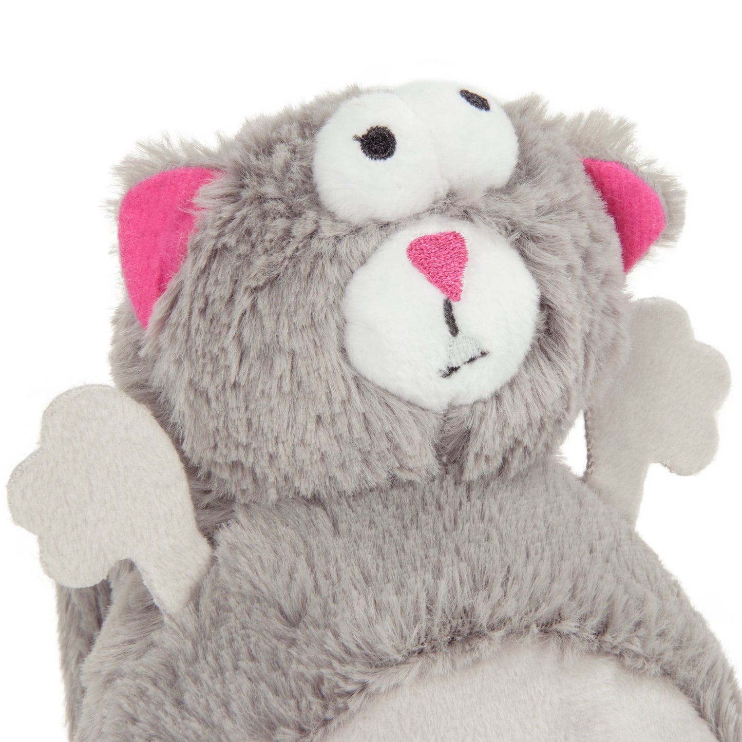 Detailed picture of the godog action plush squirrel. A gray furry plush and pink details in the face looks very soft.