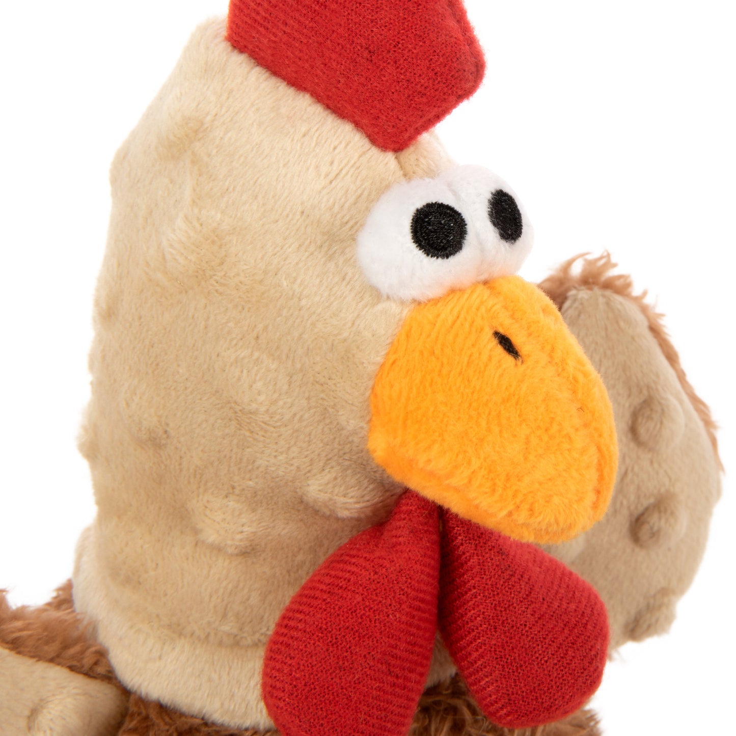 Detailed image of the godog action plush rooster's face details. The face of the rooster is made of soft "bubble plush" material