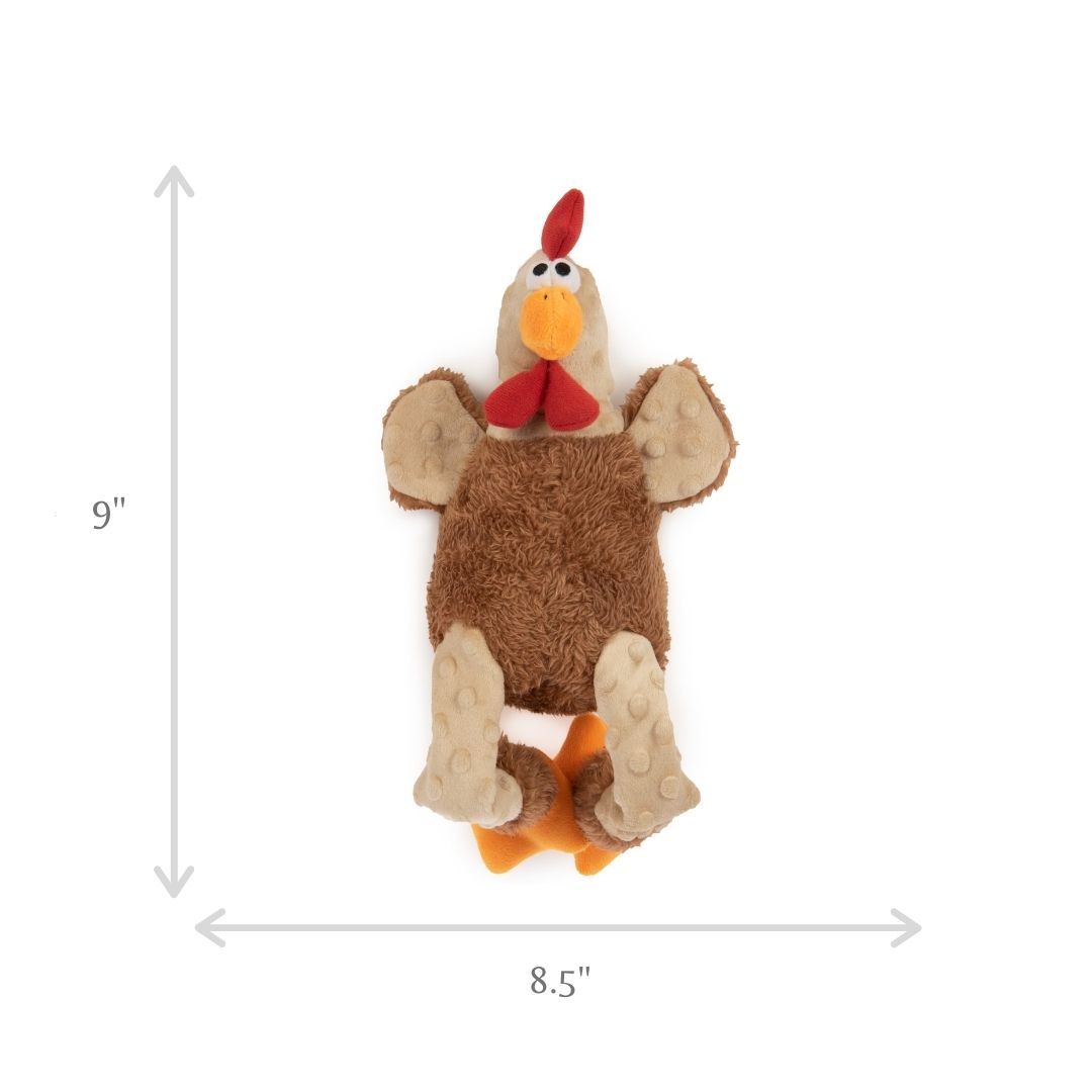 dimensions of the godog action plush rooster are displayed alongside arrows indicating the height is 9" and the width of the toy is 8.5".