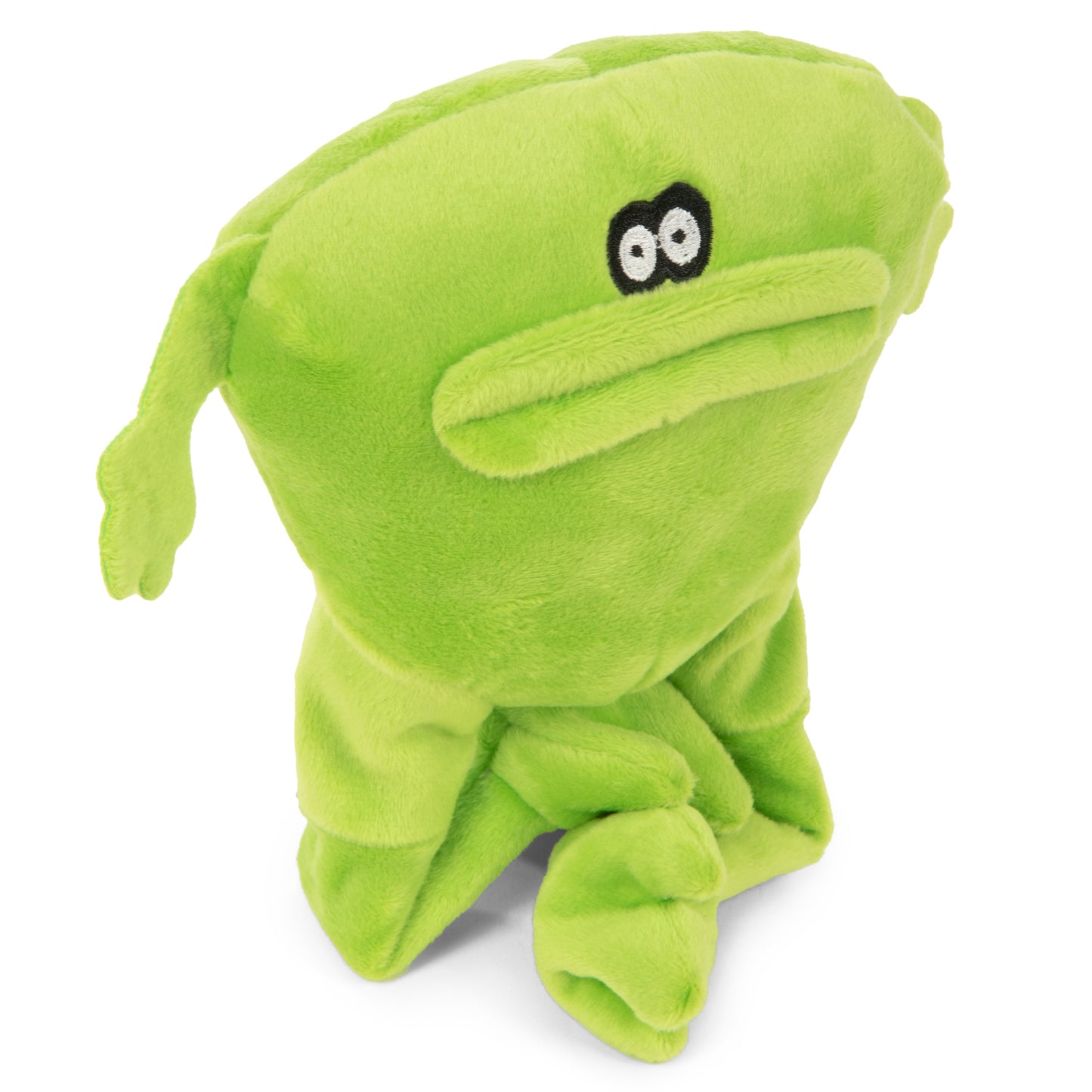 Alternate image displaying the godog action plush frog resting on his crossed legs.