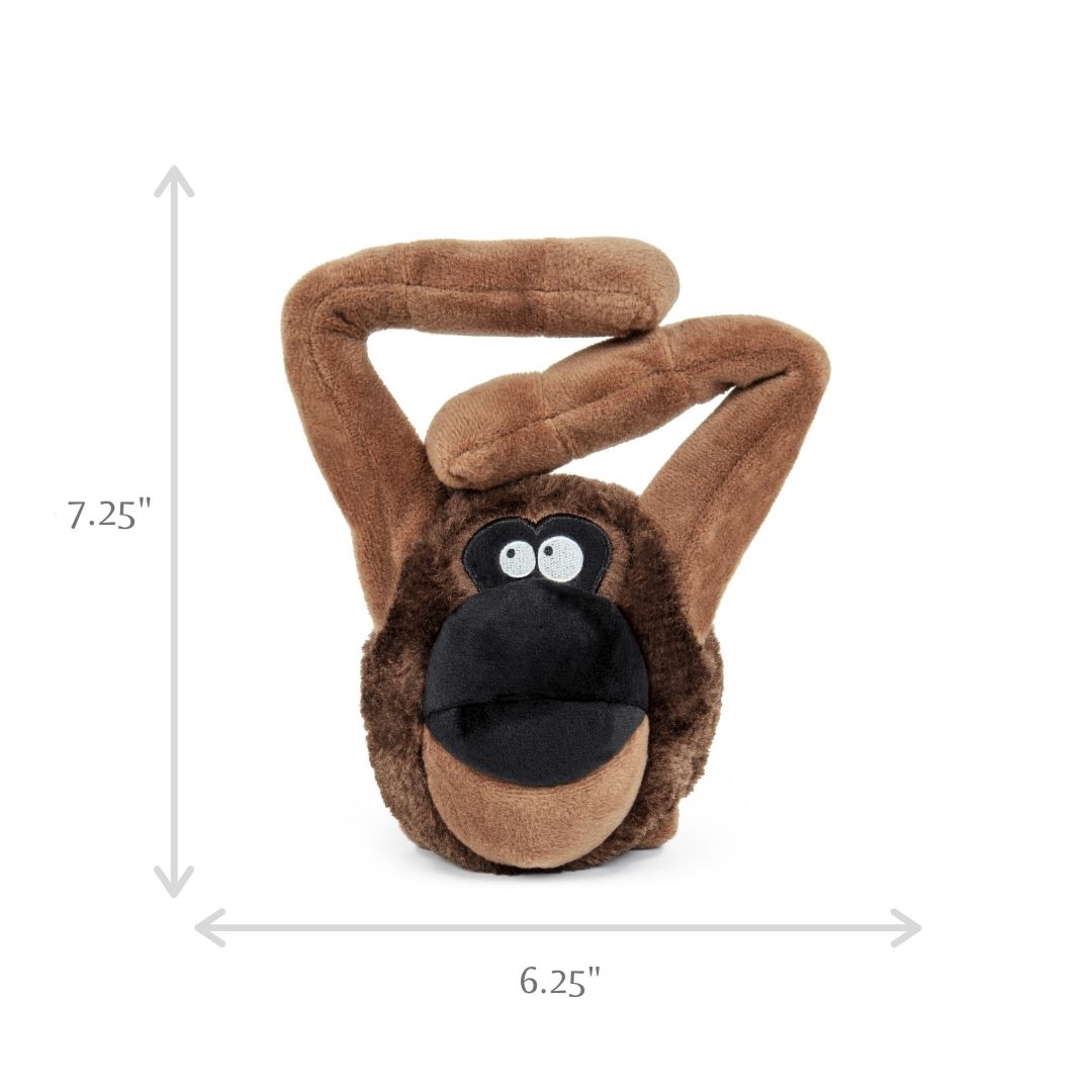 Graphic displays the dimensions of the goDog Action Plush Ape from a front facing profile. Arrows accompanied by text indicate a height of 7.25" and a width of 6.25"