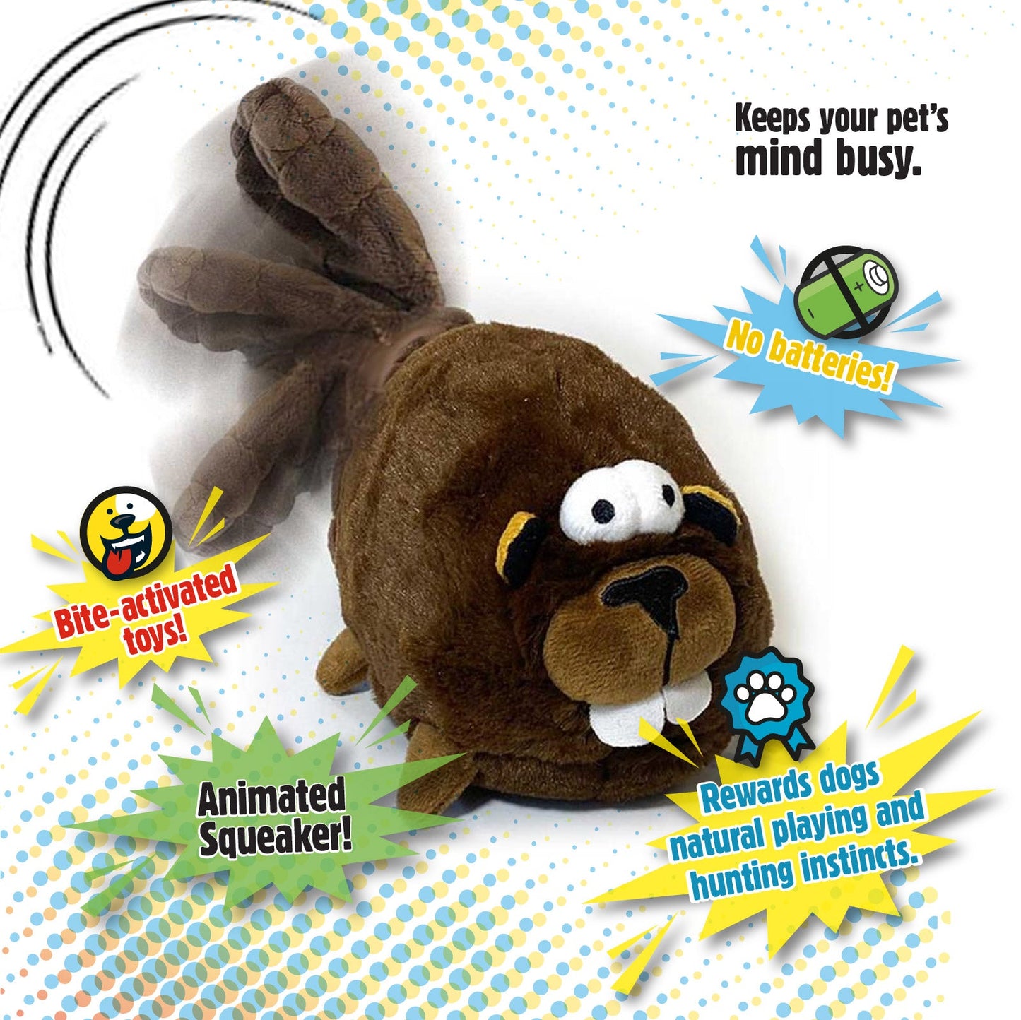Image showing the Range of Motion of the goDog Action Plush Beaver. Features are listed in a comic book style. "Bite-activated toys!", "No batteries!", "Animated Squeaker", "Rewards dogs natural playing and hunting instincts.", "Keeps your pet's mind busy."