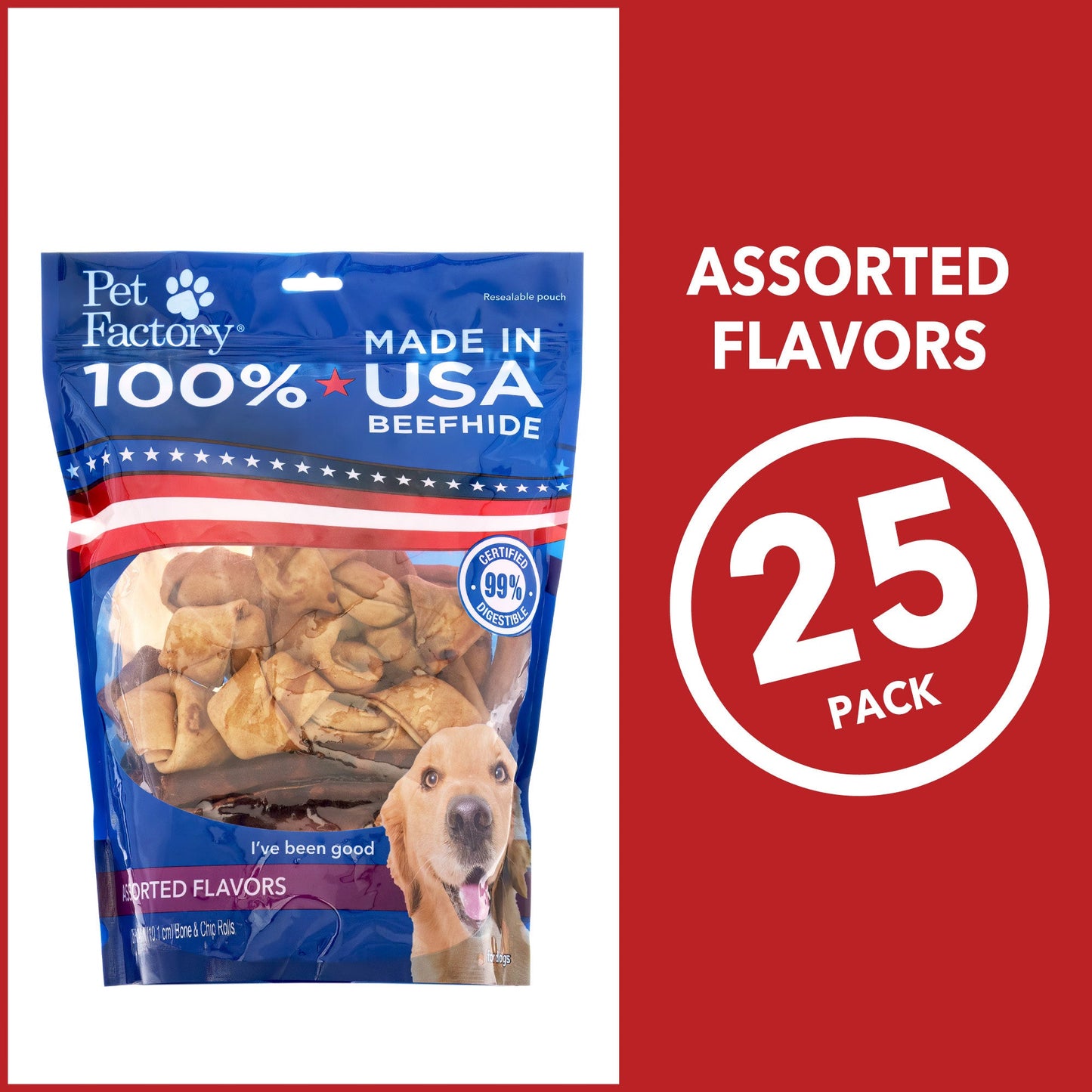 Made in USA Beefhide Assorted (Beef & Chicken) - Variety (Bones & Chip Rolls), 25 pack