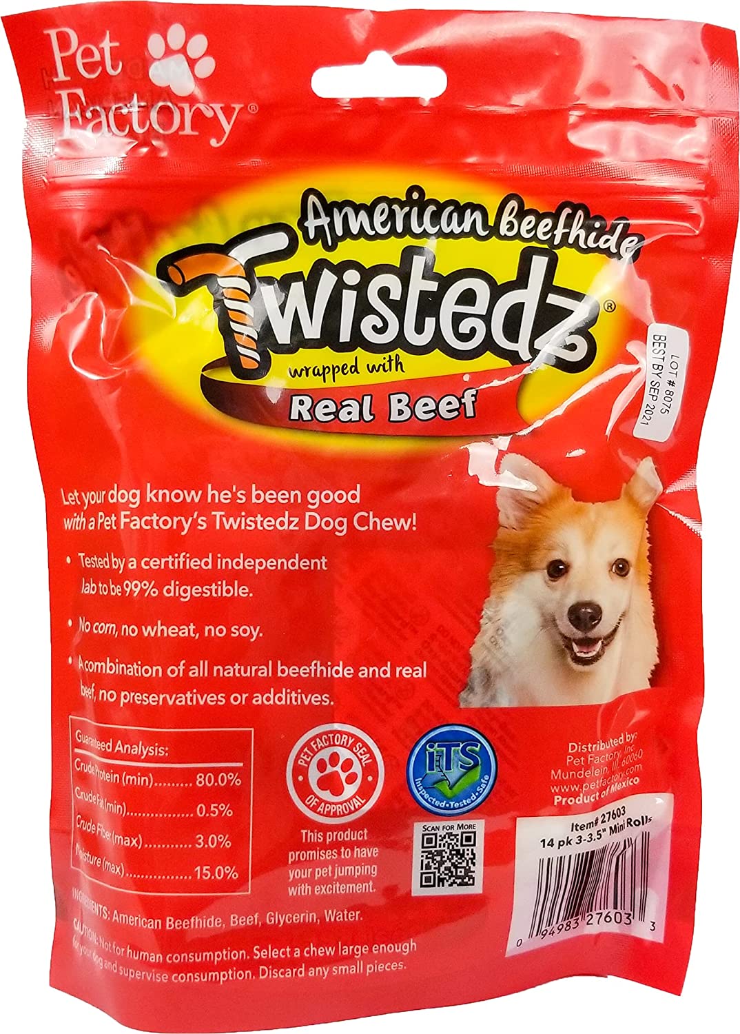 Pet Factory - Twistedz American Beefhide Mini Rolls with Meat Wrap 3-3.5" 14-Pack Dog Treats