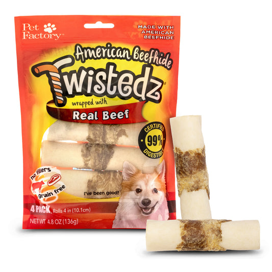 Pet Factory - Twistedz American Beefhide Rolls w/ Meat Wrap 4-inch Dog Treats