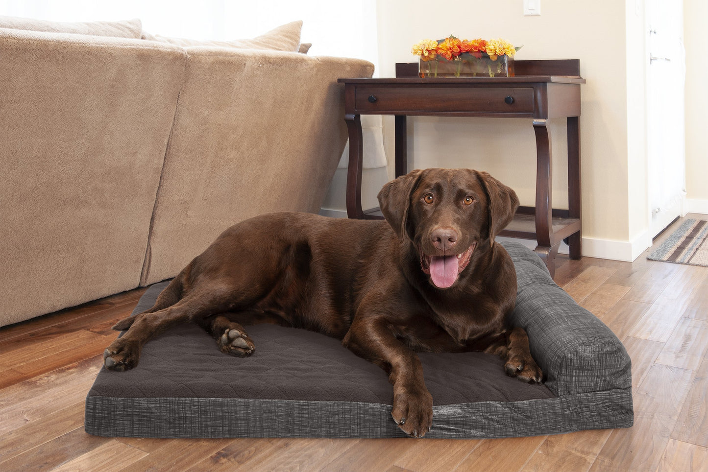 Chaise Lounge Dog Bed - Quilted Fleece and Print Suede